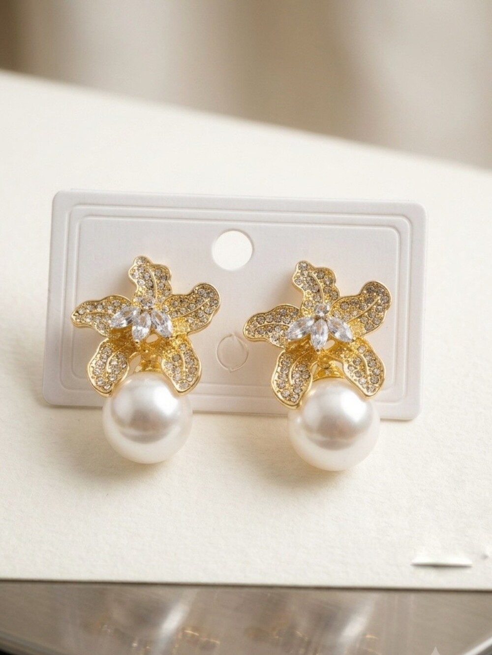 Gold Flower Pearl Drop Earrings with Clear Crystals Like Rhinestone - Picture 6 of 16